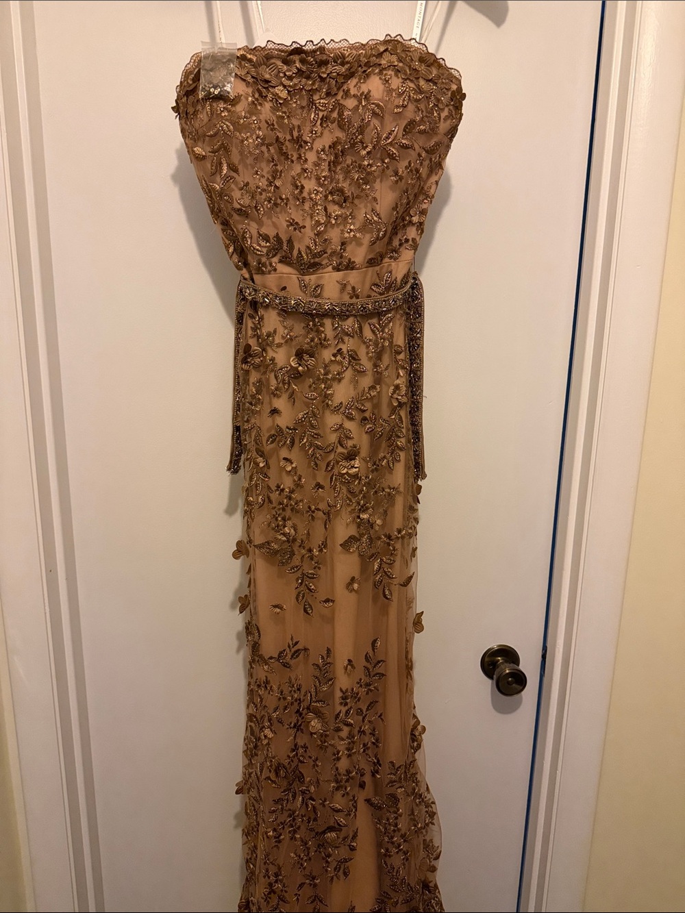 Mon Cheri Gold Strapless Floral Embellished Evening Dress